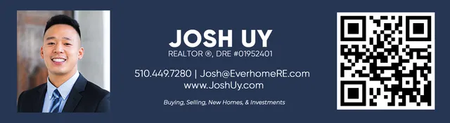Contact Josh Uy, REALTOR, DRE #01952401. Phone 510.449.7280. Email Josh@EverhomeRE.com. Website and QR code both link to www.JoshUy.com. Buying, selling, new homes, and investments.